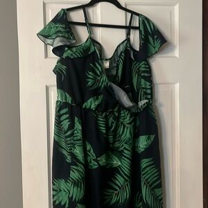 Navy blue and green palm leaf dress. Off the shoulder sleeves. 3x from SHEIN.